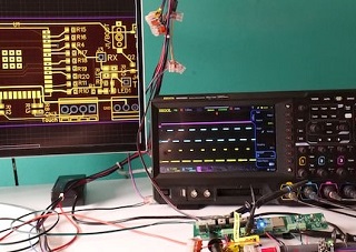 Workstation with product connected to test equipment