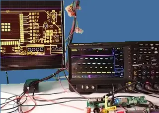 Workstation with product connected to test equipment